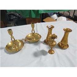 2 BRASS CANDLESTICK HOLDERS 2 BRASS MINI VASES, 1 BRASS MINI PITCHER W/UNDERPLATE