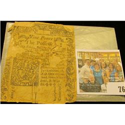 Nine Pence, 1776 Connecticut Currency, backed, pcs. missing, faint signatures.