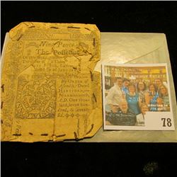 Nine Pence, 1776 Connecticut Currency, stitched to paper backing, quite clean & unusual. This piece 