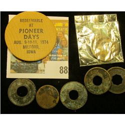 Group of (6) Old Good for Tokens including Weldon, Iowa; & a Milford, Iowa Wooden nickel.