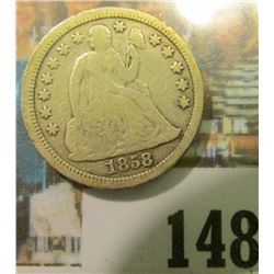 1858 U.S. Seated Liberty Dime, Very Good.