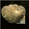 Image 1 : Double-heart design Silvered footed Jewelry Box containing a limited edtion silvered Snow Man Pin; S