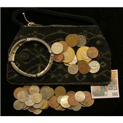 An antique Beaded & Zippered Purse containing a very interesting Bracelet & a large variety of Forei