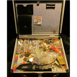 9" x 11" Aluminum 1960 "Peace" Era latched case containing old Costume Jewelry, various Foreign Coin