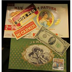 (5) Attractive near mint condition Cigar Box labels & a Series 1934B $10 Federal Reserve Note from S