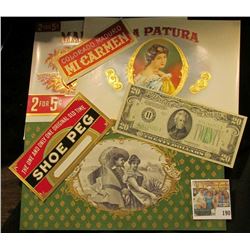 (5) Attractive near mint condition Cigar Box labels & a Series 1934C $20 Federal Reserve Note from S