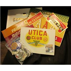 (7) Attractive near mint condition Cigar Box labels & (10) Old Pin-backs including Iowa Hawkeyes.