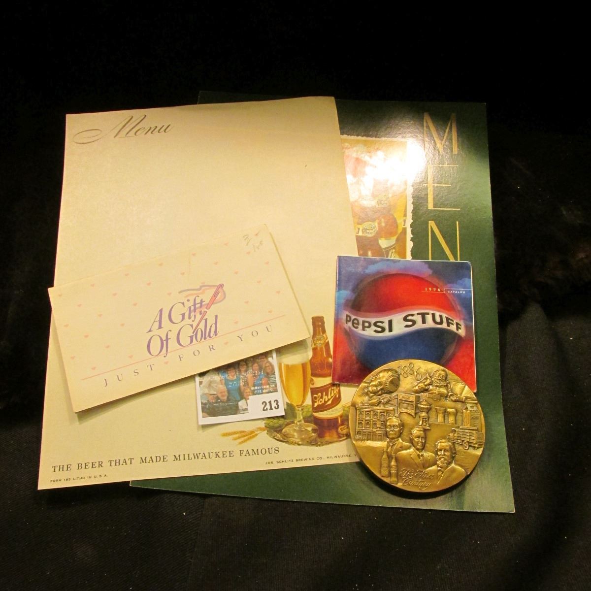 1996 Pepsi Stuff Catalog 2 Different Schlitz Beer Blank Advertising Menus 24k Gold Plated Needle
