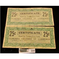 Pair of Depression Scrip Clarinda, Iowa. Issuer:  Clarinda Chamber of Commerce Certificate, Issue Da