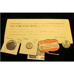 "Compliments of the Woman's Christian Temperance Union" hang tag; 1977 UAW Pin-back; 1870 Quit Claim