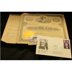 Unissued Stock Certificate No. 72 "Citizens Bank of Checotah Checotah, Indian Territory $100 each, d