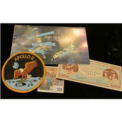 1995 Marshall Isl& s $5 "Mir-Shuttle" Commemorative Coin; 1975 Moon Money 25c Note; & an embroidered