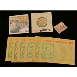 1926 Great Britain Silver Shilling, KM829 AU-Unc toned; Three Cent NRA used stamp; & (7) "Butter-Nut