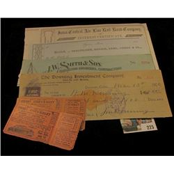 1850 era blank check Lyons, Iowa; pair of tickets for a Free 1950 Chevrolet; 1910 era blank check "J