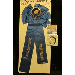 (1915) Cedar County Fair, Tipton, Iowa First Premium" blue Ribbon & a circa 1915 Magic Coin, which a