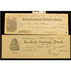 1916 Check depicting Chief Keokuk "Keokuk Savings Bank", Keokuk, Ia.; & 1884 cancelled check "Greenb