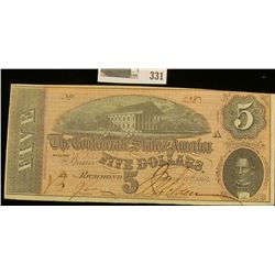Feb. 17th, 1864 "Confederate States of America" Five Dollar Banknote, No. 2387.