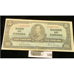 Jan., 1937 Bank of Canada Five Dollar Note, VF.