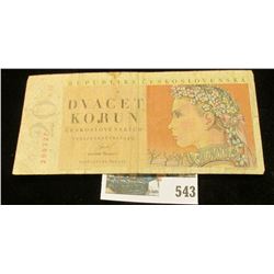 1949 Czechoslovakia 20 korun Banknote.