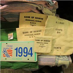 Mexican Woven Blanket; Green felt; "Chicago WorldCup USA94 1994" License Plate; U.S. Mint $50 Cents 