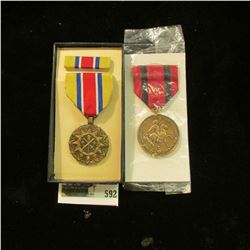 (2) Military Medals, one still in box (Crossed Swords & torch) with bar, other states "Indian Wars",