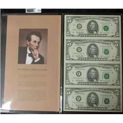 UNCUT SHEET OF FOUR FIVE DOLLAR BILLS SERIES 1995