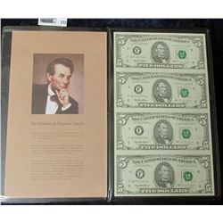 UNCUT SHEET OF FOUR SERIES 1995 FIVE DOLLAR NOTES