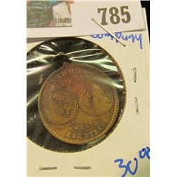 22MM ROUND BRASS MEDAL WITH HOOP.THE REVERSE FEATURES A MAP OF THE WORLD & STATES 'BARRATT & CO'S SW