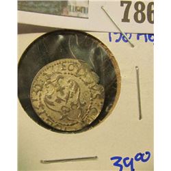 POL& , RIGA SILVER SOLIDUS COIN MINTED BETWEEN 1587-1632.  ON THE FRONT IS THE COAT OF ARMS.  ON THE