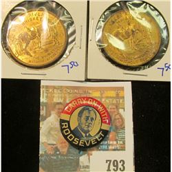 CARRY ON WITH ROOSEVELT VINTAGE POLITICAL PINBACK & 2 GREEN RIVER WHISKEY GOOD LUCK TOKENS