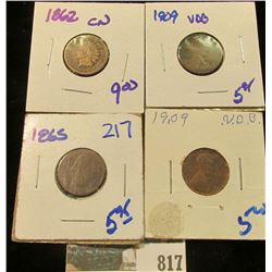 1909 WHEAT CENT, 1909-VDB WHEAT CENT, 1865 CIVIL WAR ERA INDIAN HEAD CENT, & 1862-CN INDIAN HEAD CEN