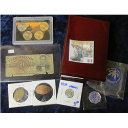 HODGEPODGE LOT INCLUDES WOODEN COIN SLAB HOLDER, REMEMBER PEARL HARBOR ELONGATED PENNY, SCHOOL CHECK