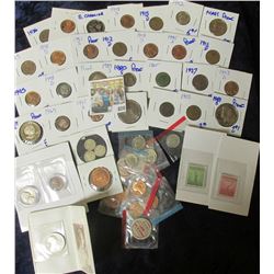 GRAB BAG OF COINS INCLUDES SOME SILVER, WHEAT CENTS, STAMPS, BUFFALO NICKELS, V NICKELS, COIN FROM T