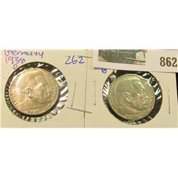 GERMAN SILVER 2 MARKS COINS DATED 1937-G & 1938-D