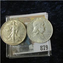 1945 P Walking Liberty Half Dollar, AU & 1952 D Franklin Half Dollar, AU.