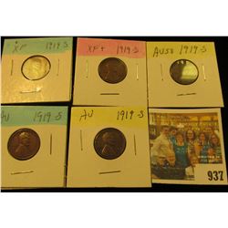 937 _ (5) 1919 S Lincoln Cents, all grading EF-AU. Nice Chocolate browns.