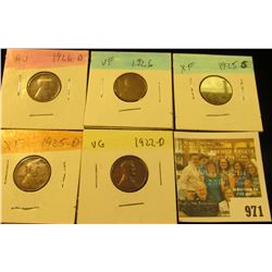 971 _ 1922D, 25D, S, 26P & D  Lincoln Cents, VG to AU.