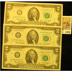1026 _ (3) Consecutive Serial Number Two Dollar Series 1976 Federal Reserve Notes, all Crisp Uncircu