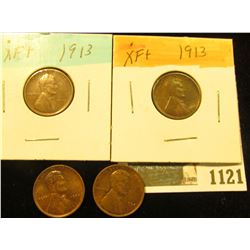 1121 _ Pair of 1913 P EF & Pair of 1934 P Red-Brown Uncirculated Lincoln Cents.