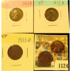 1124 _ Trio of 1913 D VF & a pair of 1935 P Brown Almost Uncirculated Lincoln Cent.