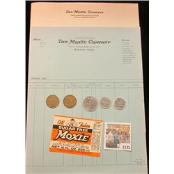 1135 _ Three pieces of "The Moxie Company, Boston, Mass." memorabilia; & (5) Old Good For Tokens.