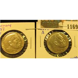 1169 _ 1937 G & 1939 A Germany Silver Two Reichsmark Coins. Both depicting the Nazi Swastika.