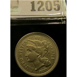 1205 _ 1873 U.S. Three Cent Nickel, AU.