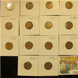1225 _ (2) 1936P, D, S, 37P, D, S, 38D, (3) 39P, & (3) 39S Wheat Cents, most are VG to F. All carded