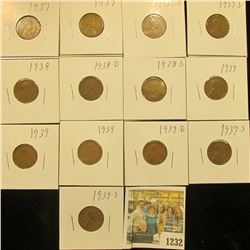 1232 _ (2) 1937P, D, S, 38P, D, S, 38S, (3) 39P, D, & (2) S Wheat Cents, most are VG to F. All carde