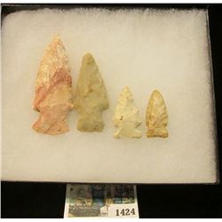 1424 _ (4) Smaller Native American Spear or Bird Points in a 5" x 6" glass-fronted case. (4 pcs. tot