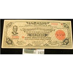 1437 _ Ten Peso "Emergency Circulating Note of 1942 Issued by the President of the Philippineson Jan