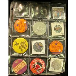 1452 _ 12-pocket plastic page containing 8 various Sports related pin-backs or pins, and one medal.