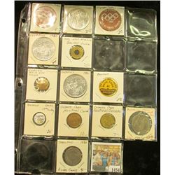 1454 _ 19-pocket plastic page containing 13 various Sports related pins, medals, or Good For Tokens.