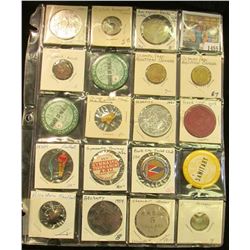 1455 _ 20-pocket plastic page containing 19 various Sports related pins, medals, or Good For Tokens.